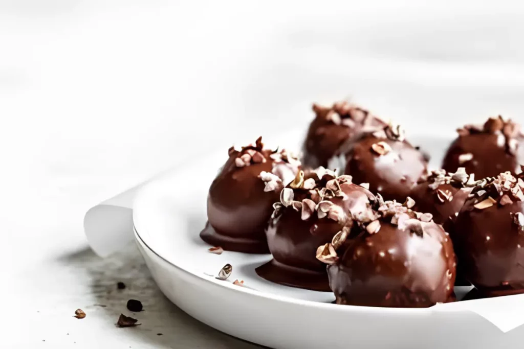 A plate of homemade peanut butter balls coated in chocolate