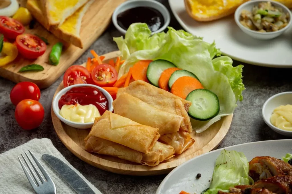 Platter of freshly made Vietnamese egg rolls.