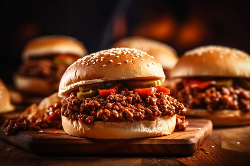 Gourmet Sloppy Joe sandwich on a rustic table.