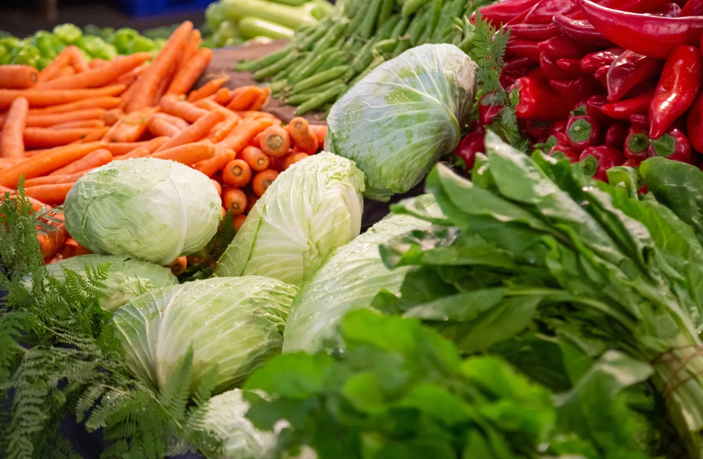 Choosing fresh cabbage at a farmer's market.