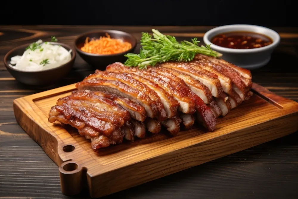 A traditional Samgyeopsal feast showcasing grilled pork belly with various side dishes.