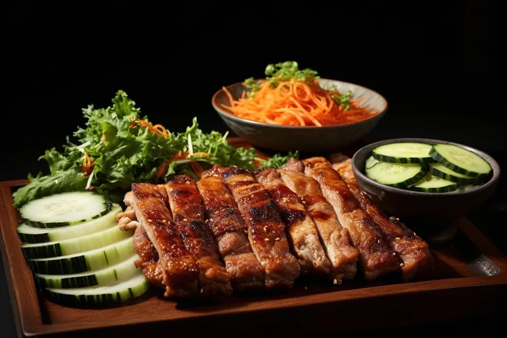 Samgyeopsal wraps with red leaf lettuce, perilla leaves, and seasoned Gochujang.