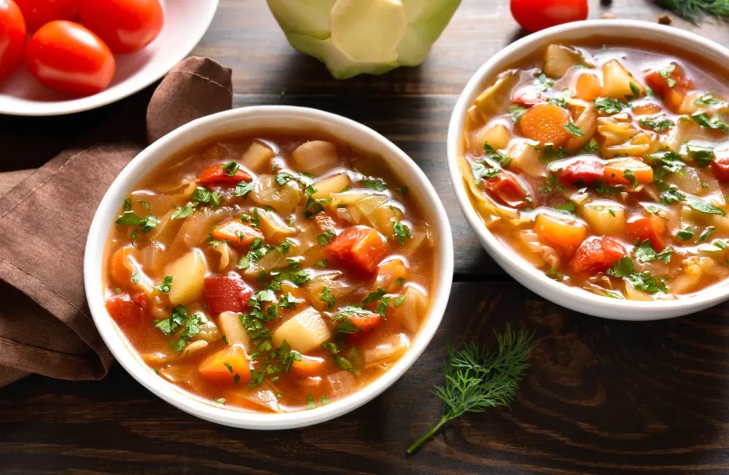 Rustic bowl of hearty cabbage soup garnished with fresh herbs