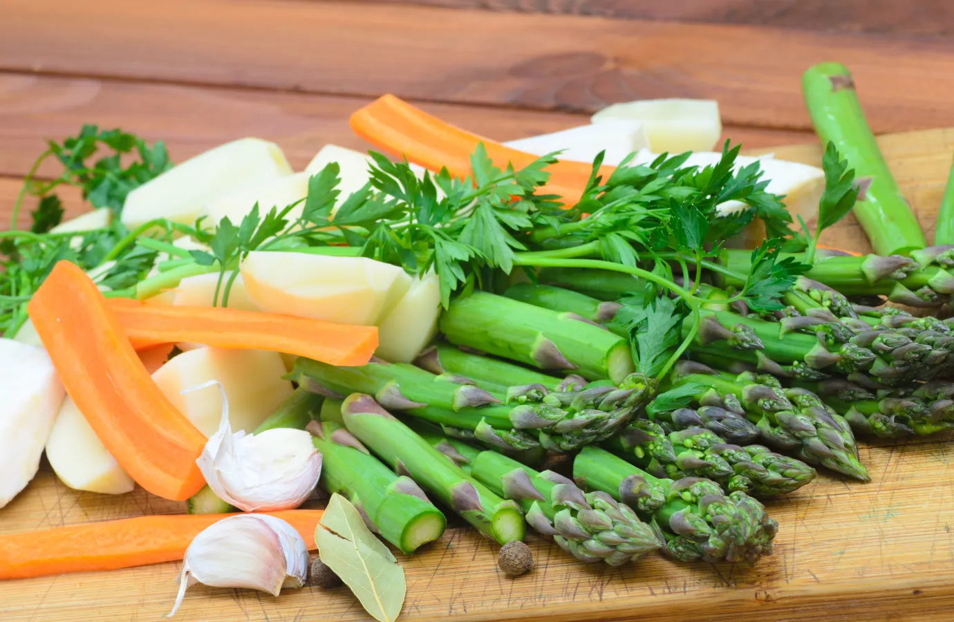 Array of fresh herbs and spices for soup seasoning