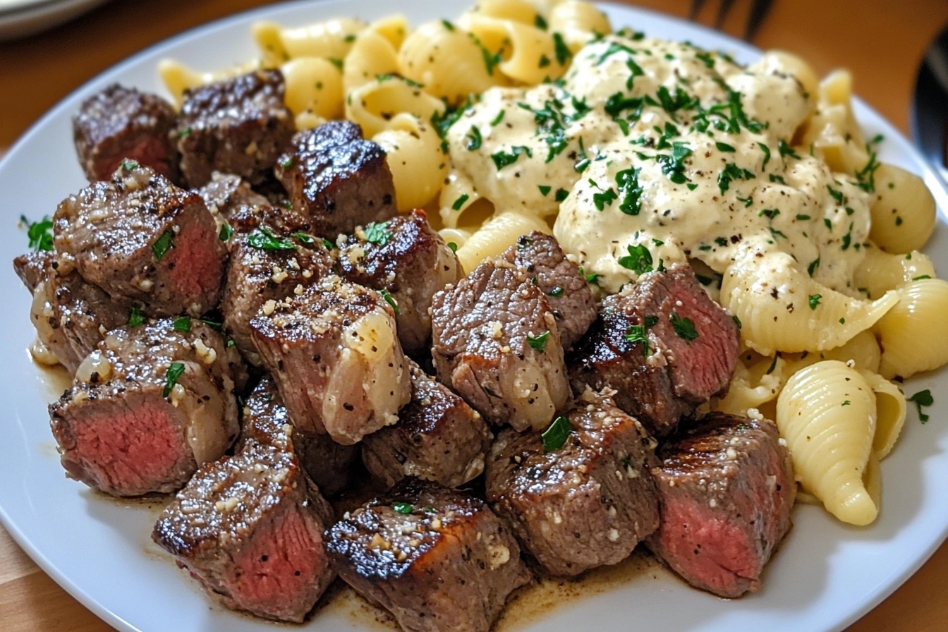 Garlic Butter Steak Bites &amp; Creamy Parmesan Shells
