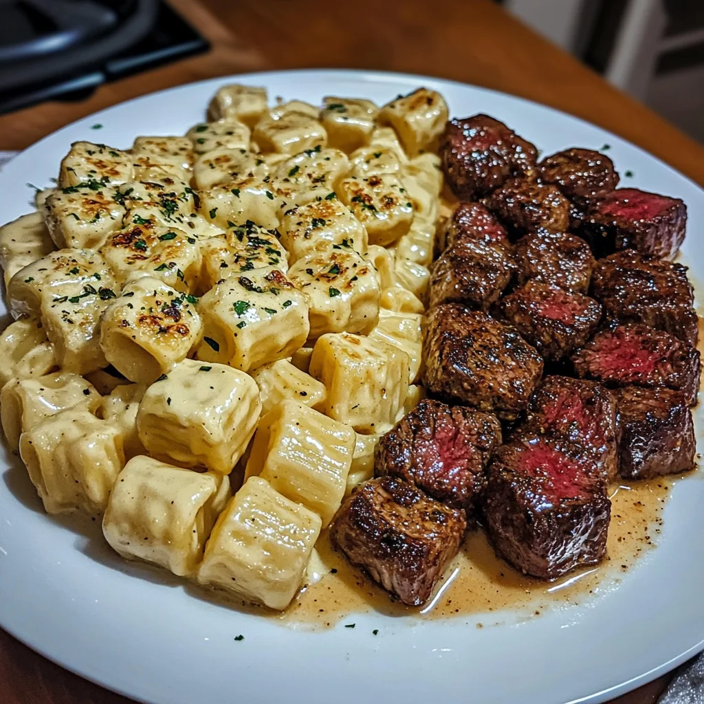 Three-cheese Alfredo Rigatoni With Cajun Garlic Butter Steak Bites Recipe