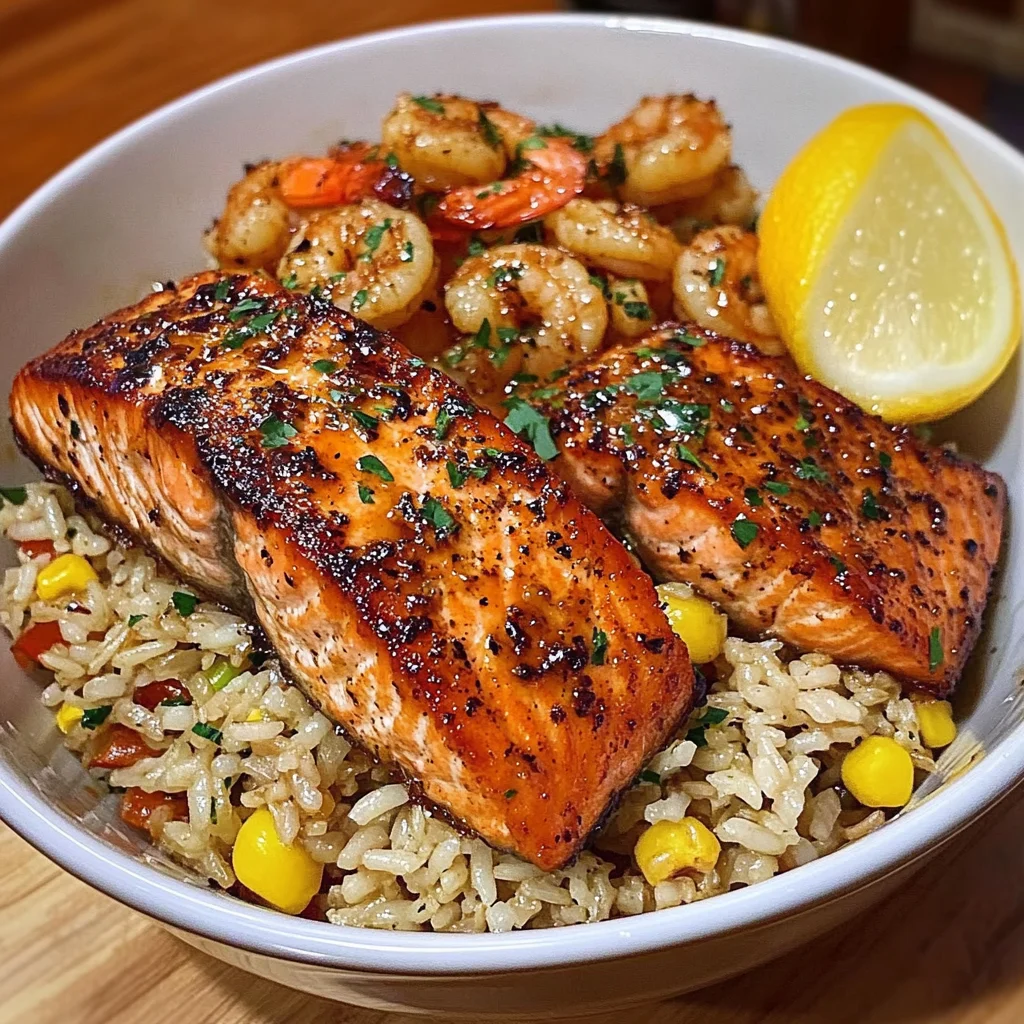 Cajun Honey Garlic Salmon & Shrimp Rice Bowl Recipe