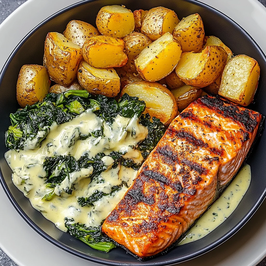 Crispy Salmon Dinner Bowl with Creamed Greens and Roasted Potatoes Recipe