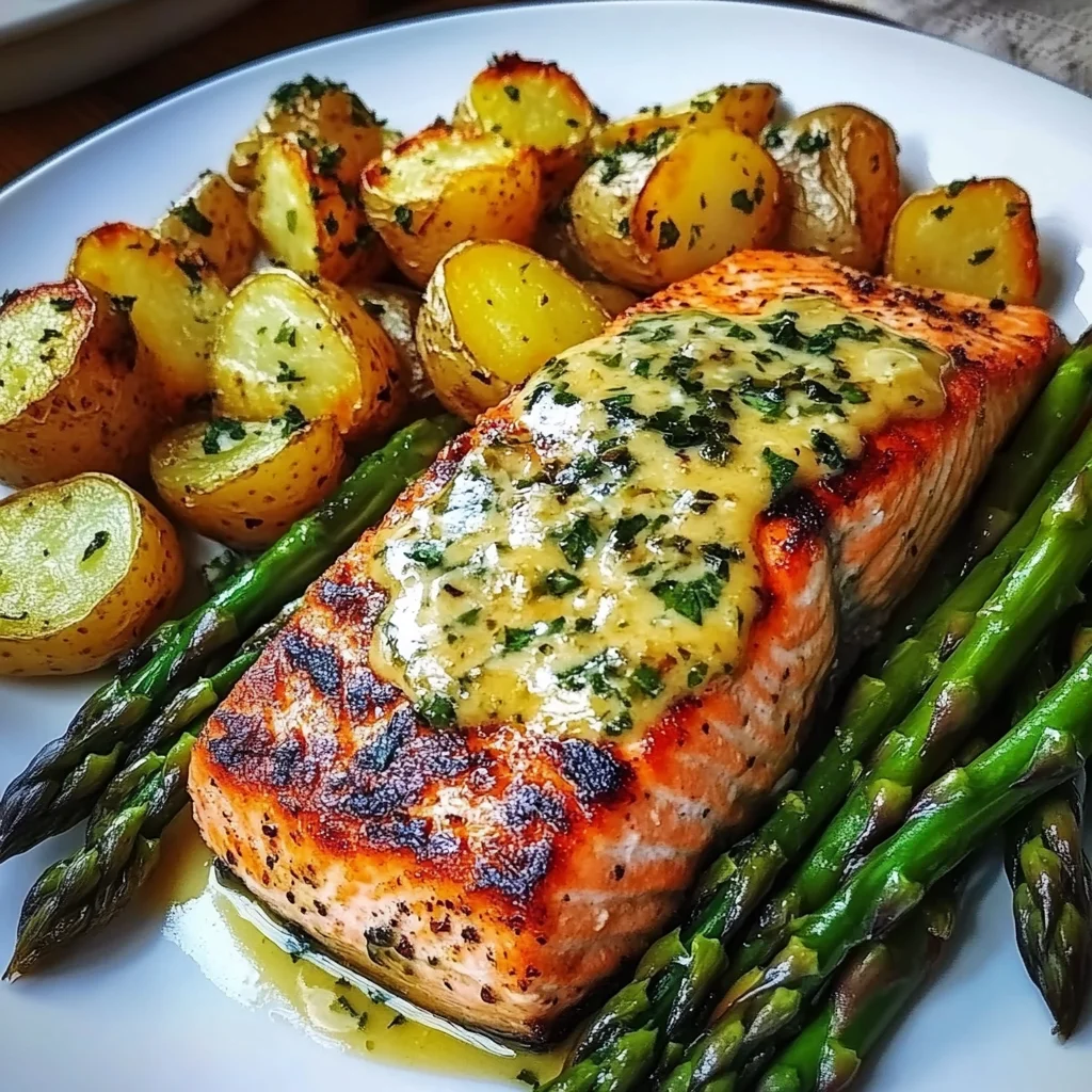 Garlic Butter Salmon with Roasted Potatoes and Asparagus Recipe