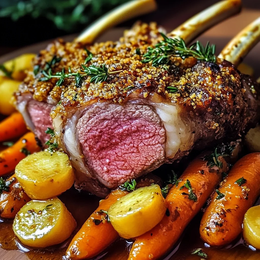 Herb-Dijon Mustard-Crusted Lamb Rack Recipe with Honey-Glazed Carrots