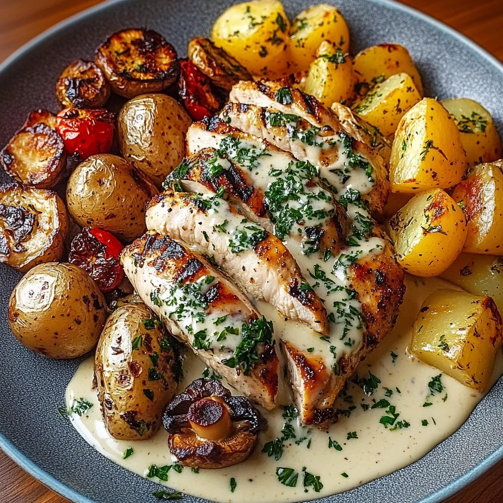 Herb Grilled Chicken with Roasted Potatoes and Cream Sauce Recipe