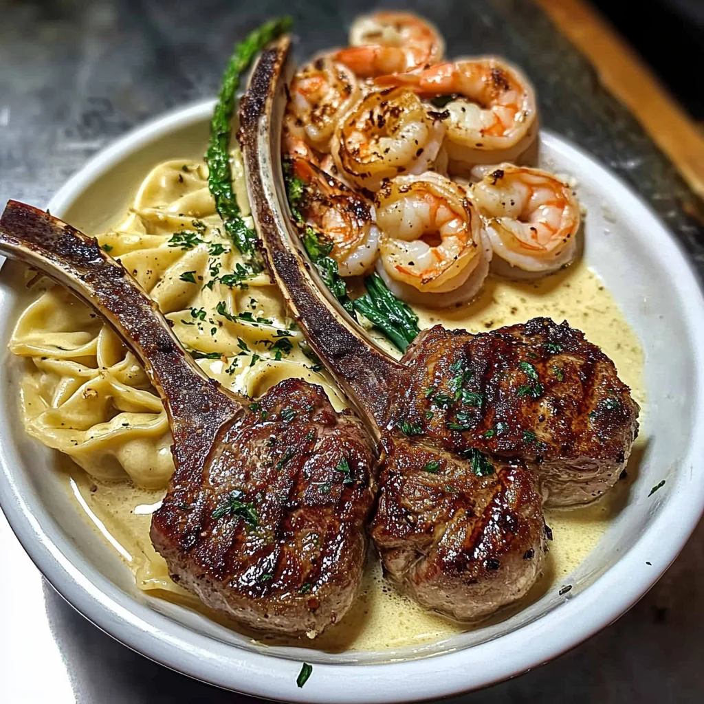 Irresistible Glazed Lamb Chops with Creamy Shrimp Ravioli Recipe