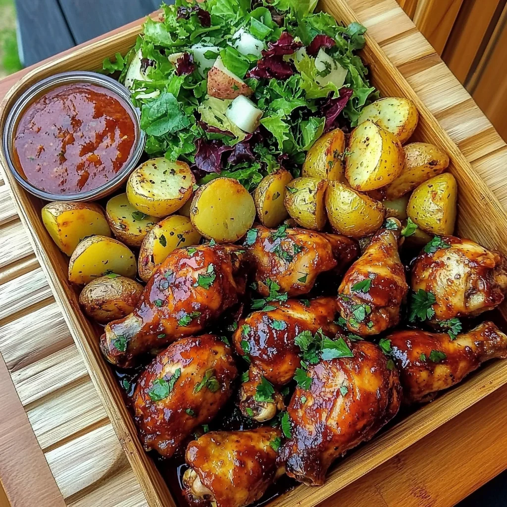 Sticky BBQ Chicken Drumsticks Recipe with Garlic Roasted Potatoes and Fresh Salad