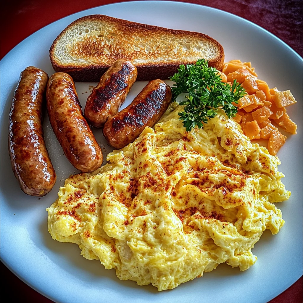 Ultimate Breakfast Plate Recipe: Scrambled Eggs, Chicken Sausages & Crispy Toast