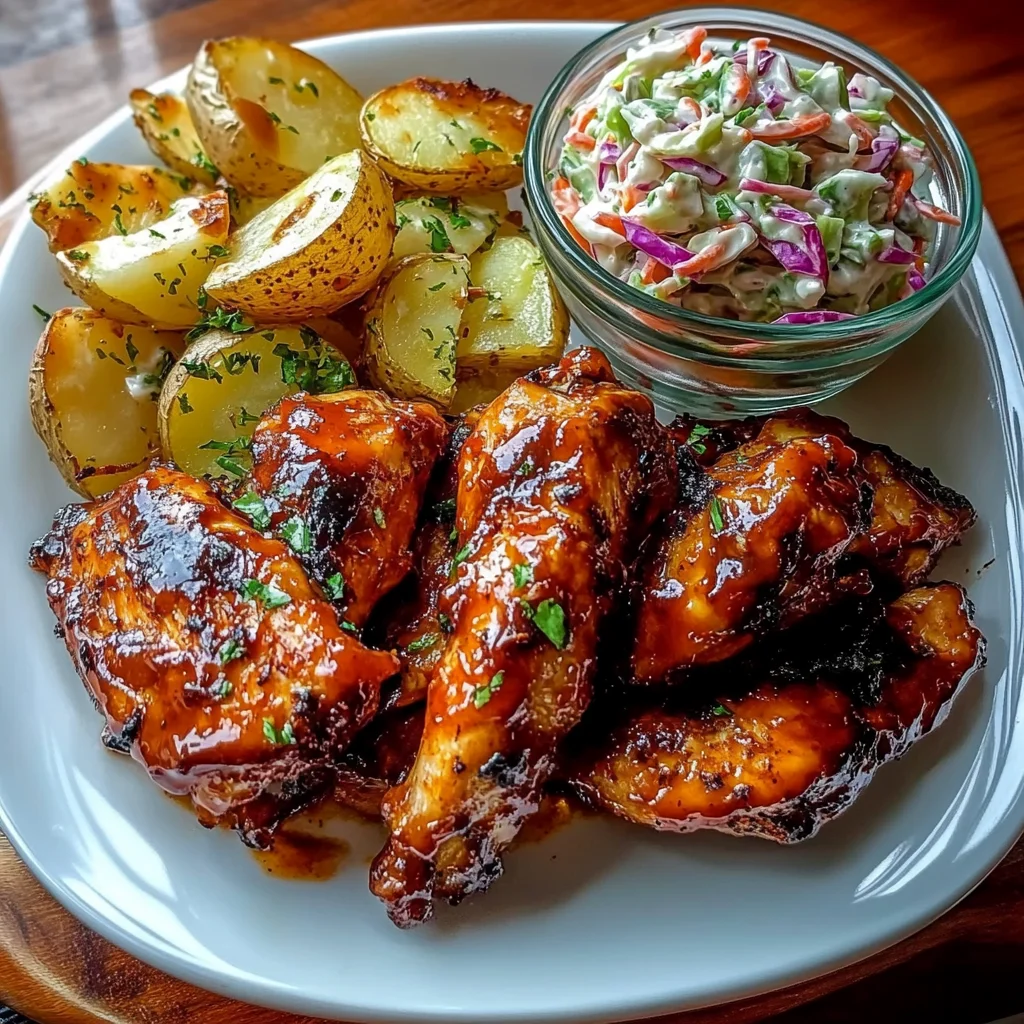 Ultimate Sticky BBQ Chicken Thighs Recipe with Potato Wedges and Creamy Coleslaw