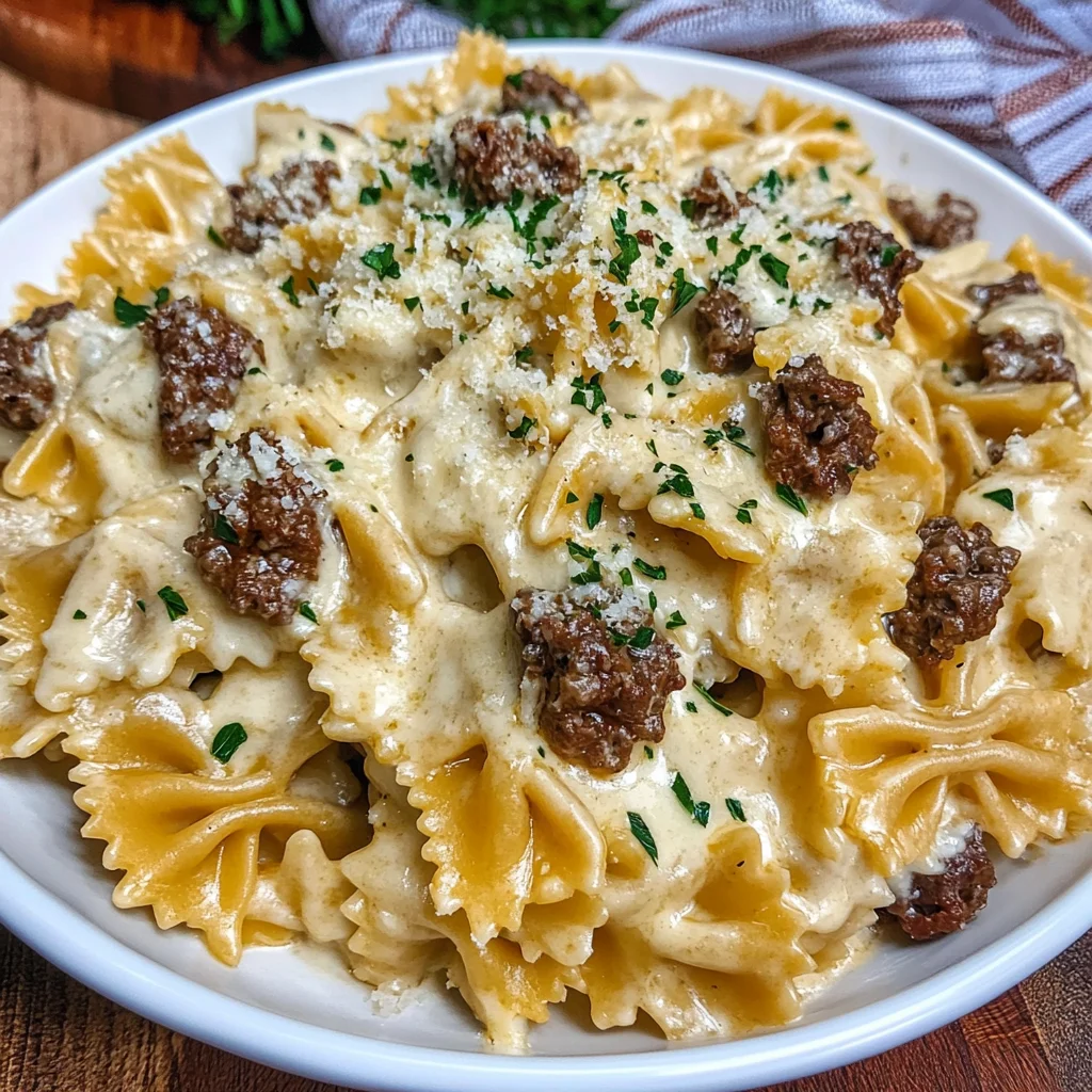 Beef Bowties in Parmesan Alfredo Sauce Recipe