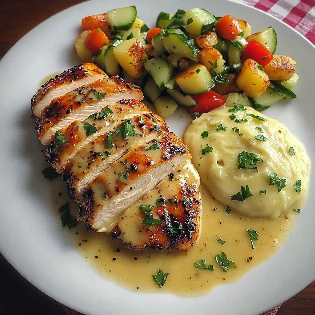 Delicious Garlic Butter Chicken Breast Recipe with Creamy Mashed Potatoes and Cucumber Carrot Salad