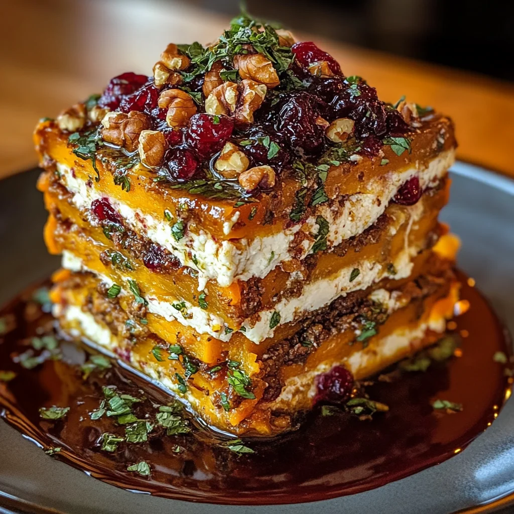 Delicious Layered Sweet Potato Lasagna Recipe with Herbed Feta and Cranberry Honey Glaze