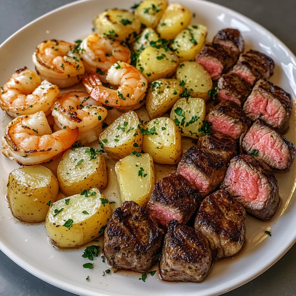 Delicious Steak Bites and Shrimp with Roasted Potatoes Recipe