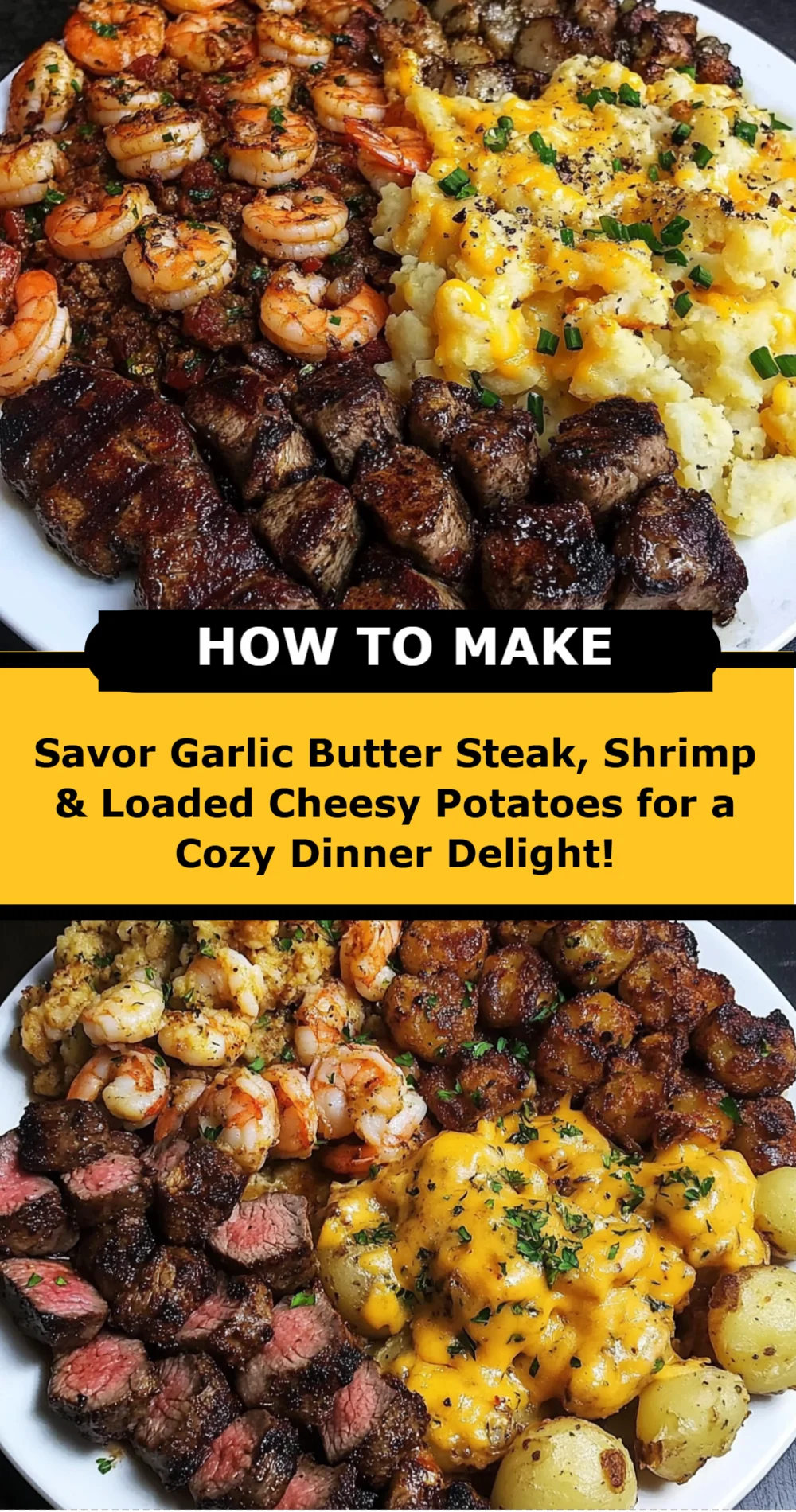 Savor Garlic Butter Steak, Shrimp & Loaded Cheesy Potatoes for a Cozy Dinner Delight!