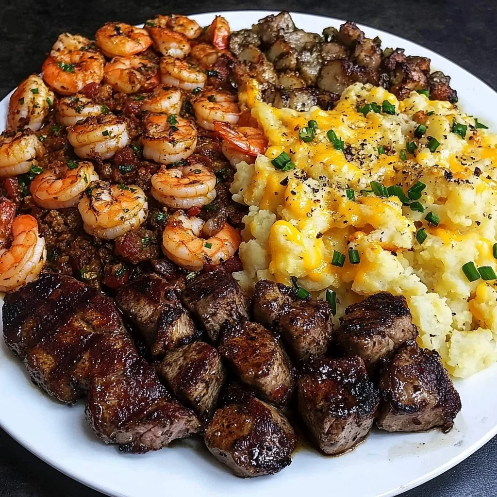 Garlic Butter Steak, Shrimp &amp; Loaded Cheesy Potatoes Recipe
