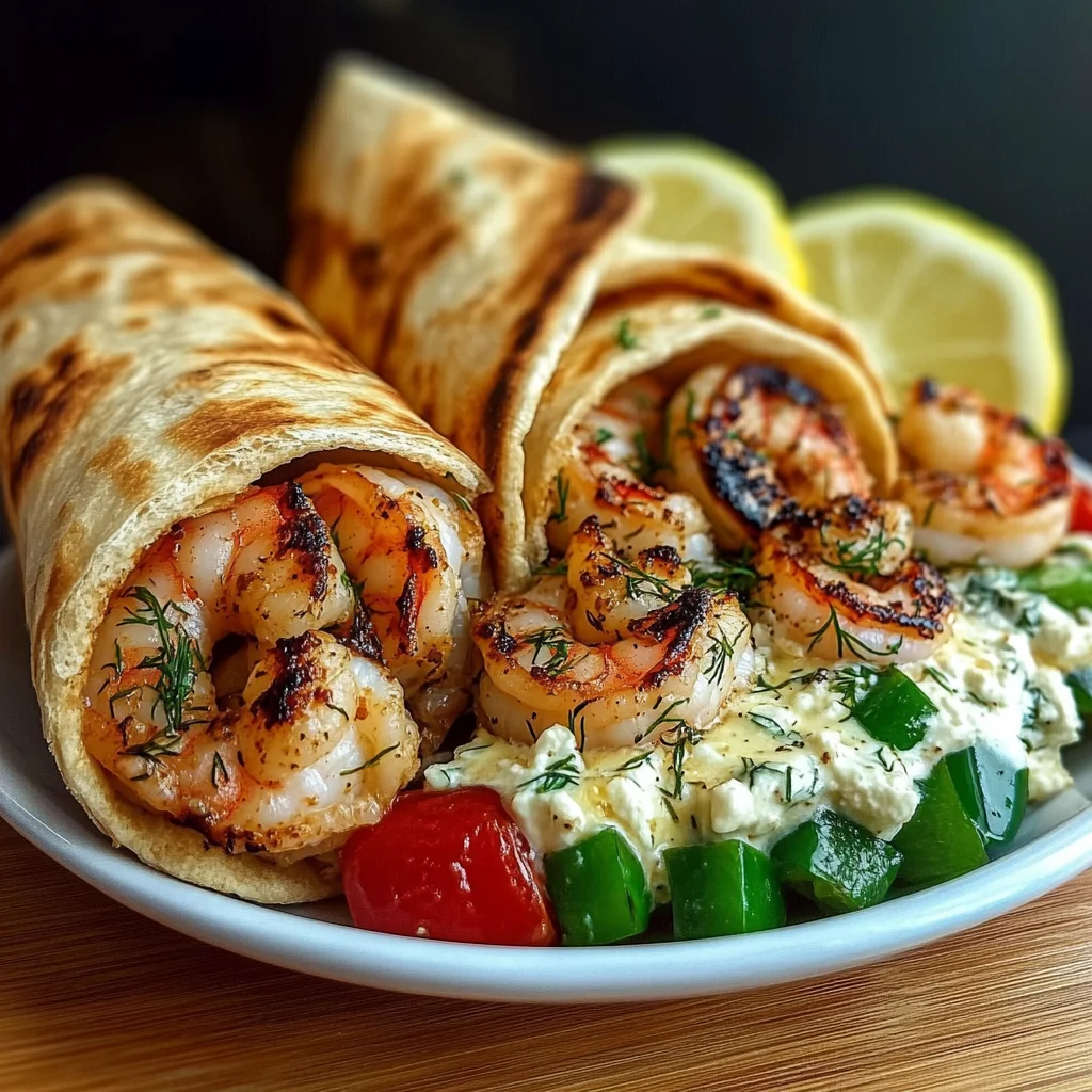 Greek Lemon Shrimp Pita Wraps Recipe with Dill Garlic Feta Sauce
