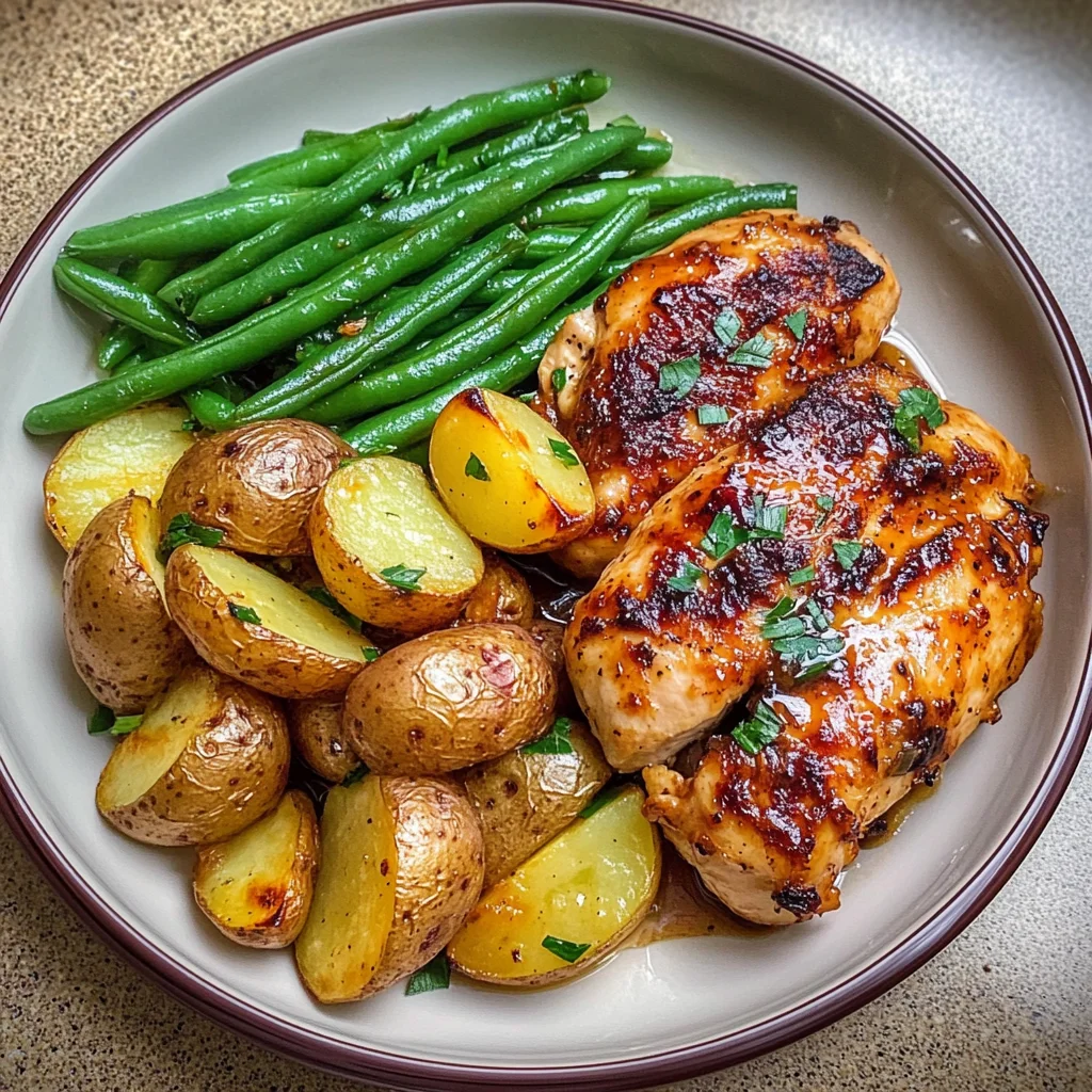 Honey Garlic Chicken with Roasted Potatoes and Green Beans Recipe