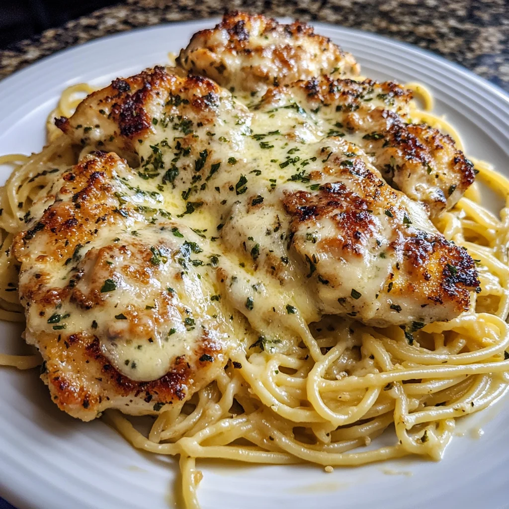 Mozzarella Parmesan Garlic Chicken with Creamy Spaghetti Recipe