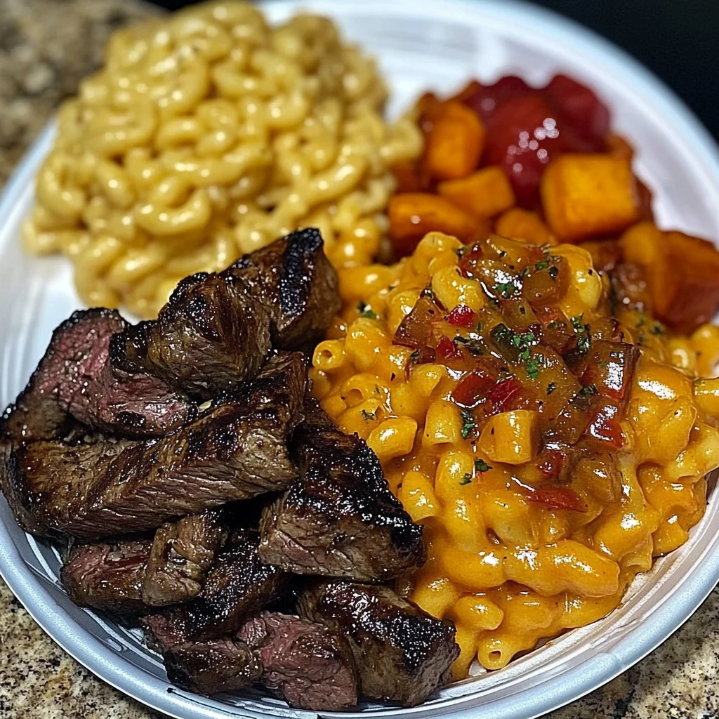 Steak Fajita Plate with Creamy Mac &amp; Cheese and Candied Yams Recipe
