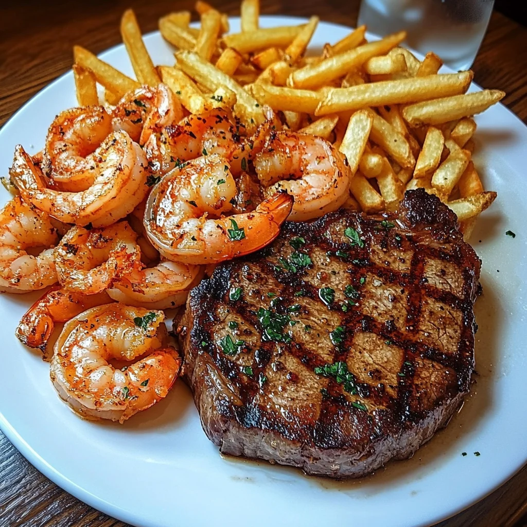 Surf &amp; Turf Steak with Garlic Shrimp and Seasoned Fries Recipe