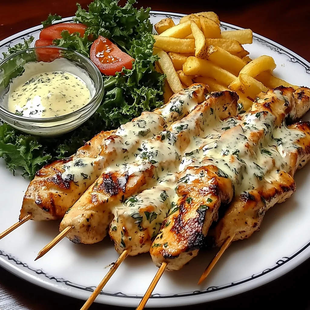 Ultimate Creamy Garlic Chicken Skewers Recipe with Fries and Fresh Salad!