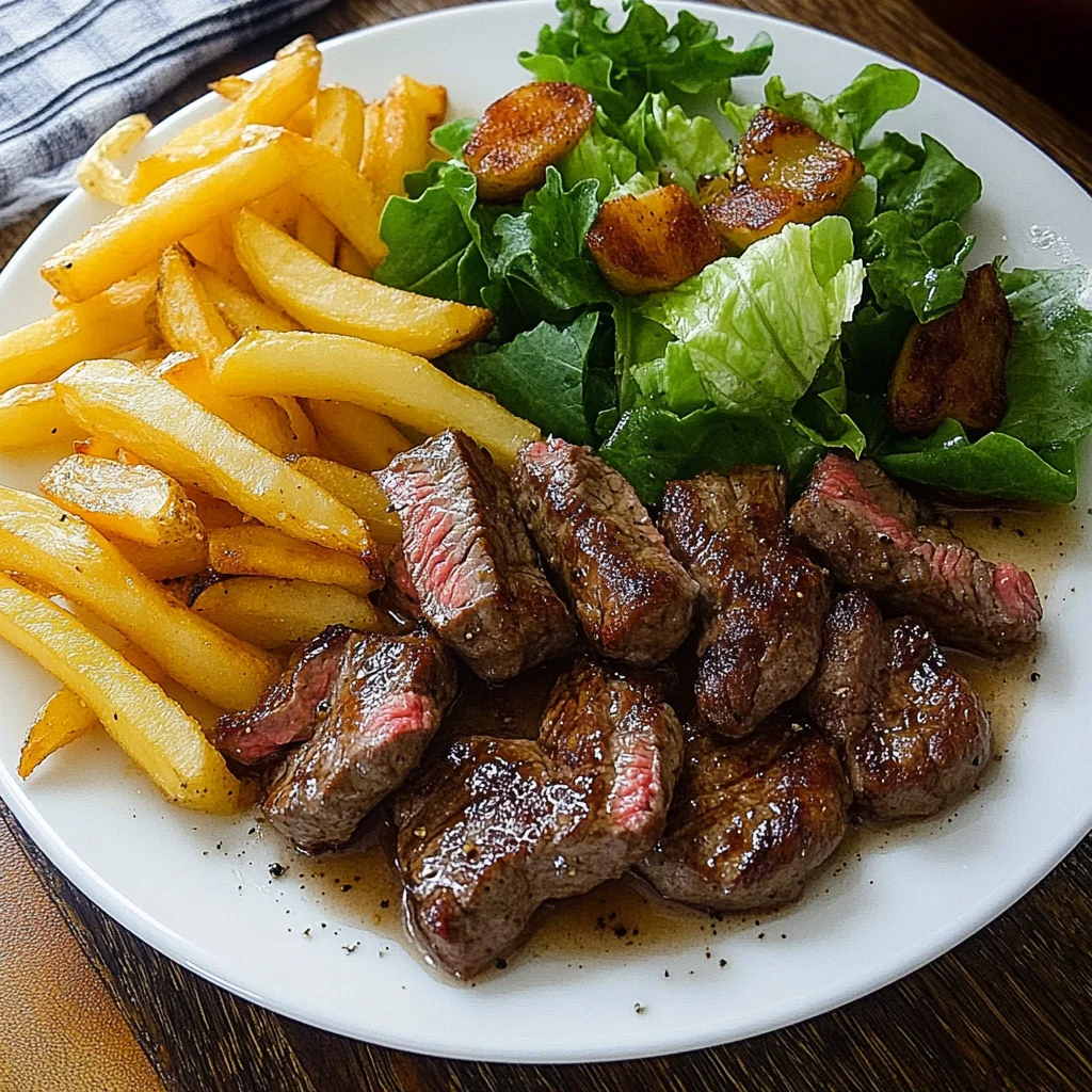 Ultimate Garlic Butter Steak Bites Recipe with Crispy Fries and Fresh Salad