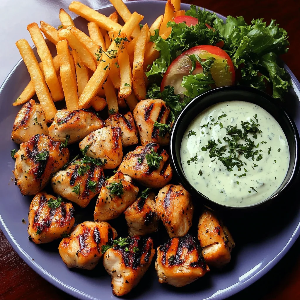 Ultimate Grilled Chicken Bites Recipe with Fries and Creamy Herb Dip