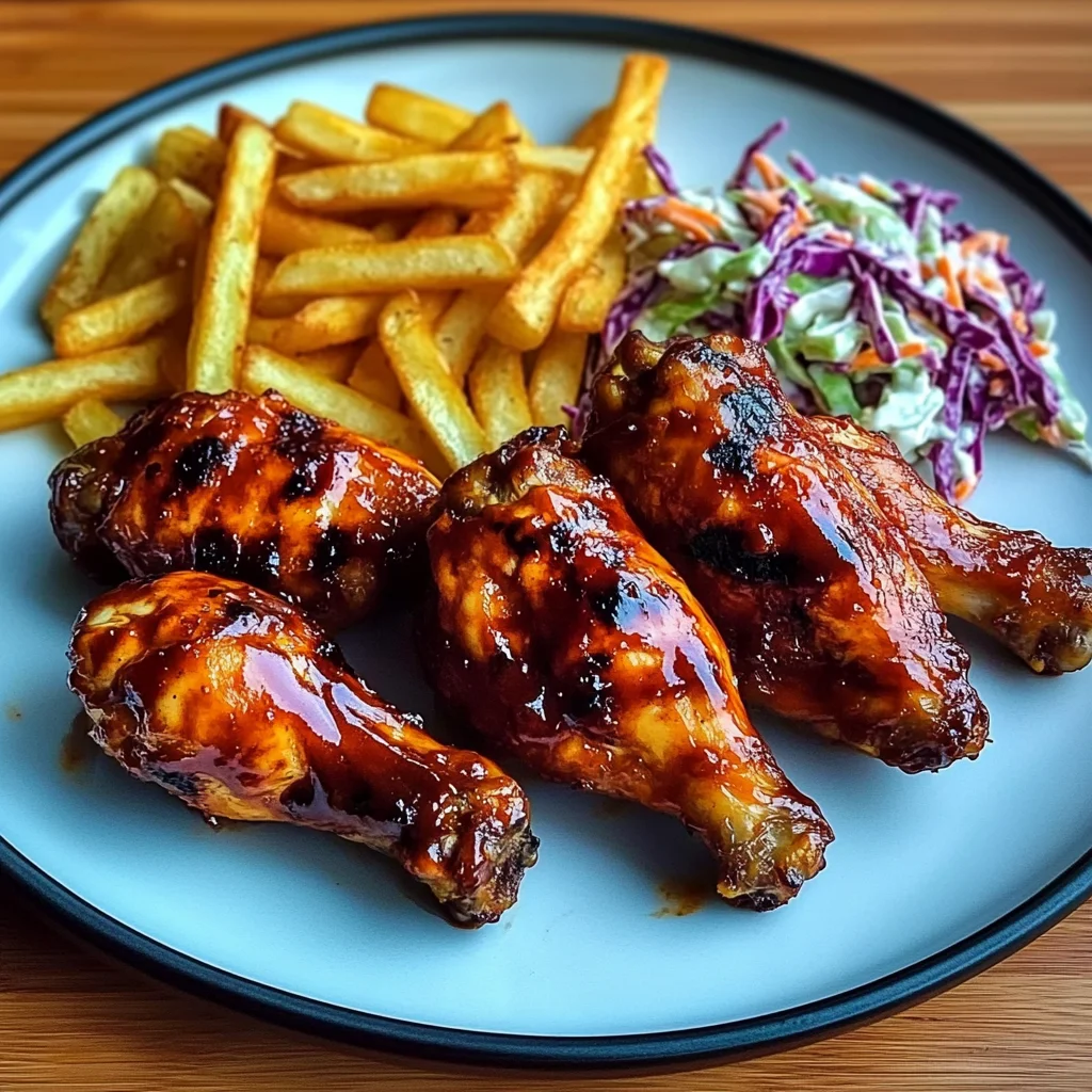 BBQ Chicken Drumsticks Recipe with Crispy Fries and Creamy Coleslaw