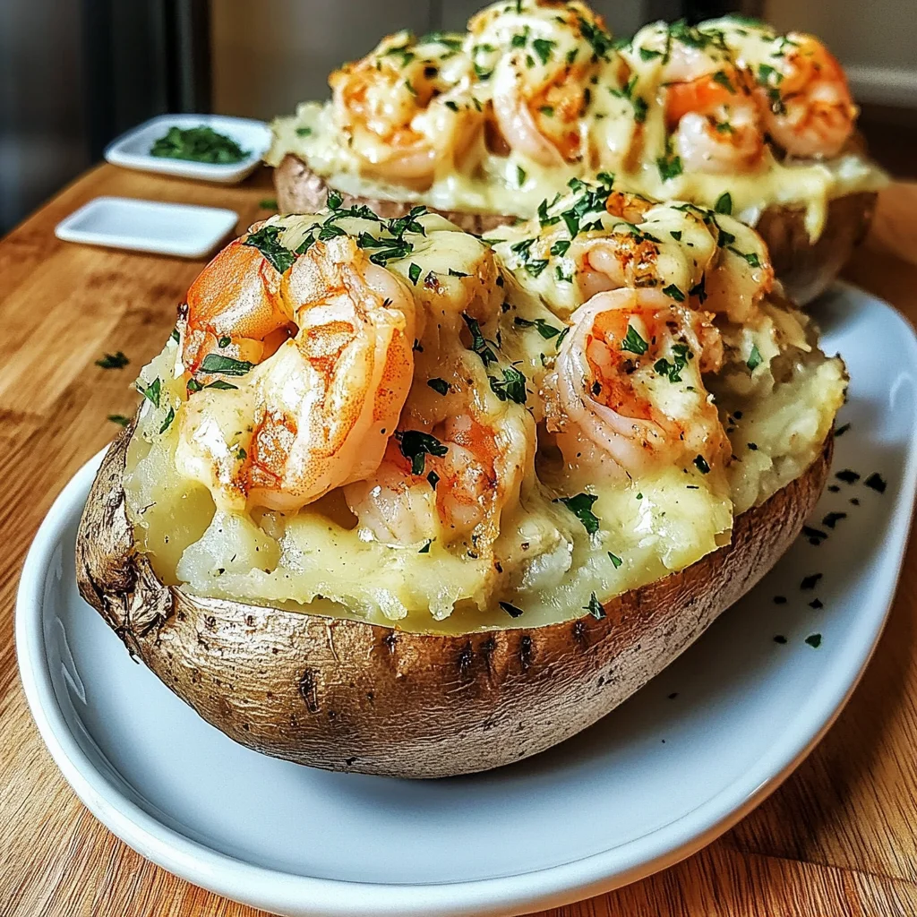 Cheesy Garlic Shrimp Stuffed Baked Potatoes Recipe