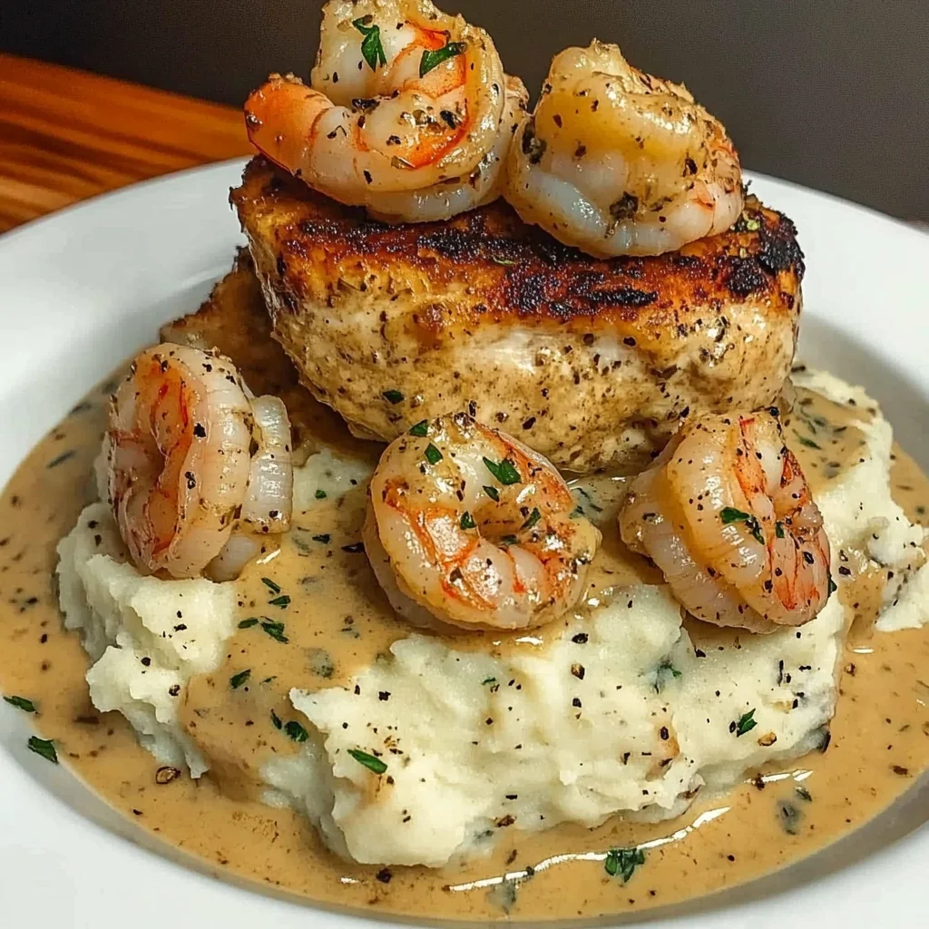 Creamy Garlic Shrimp Smothered Chicken Recipe with Mashed Potatoes