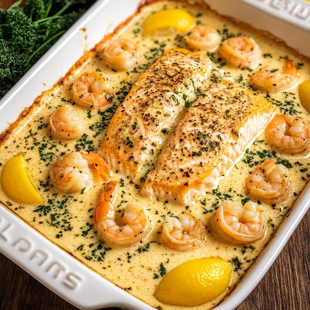 Creamy Lemon Garlic Shrimp Salmon Bake Recipe