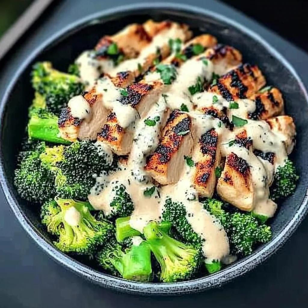 Delicious Grilled Chicken and Broccoli Bowls with Creamy Garlic Sauce Recipe