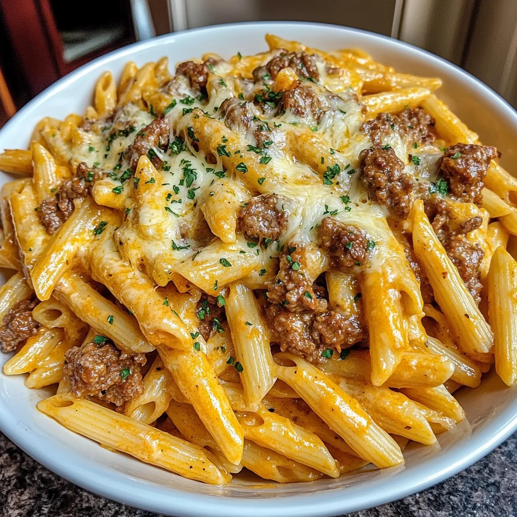Garlic Butter Beef Penne in Cheesy Mozzarella Parmesan Sauce Recipe