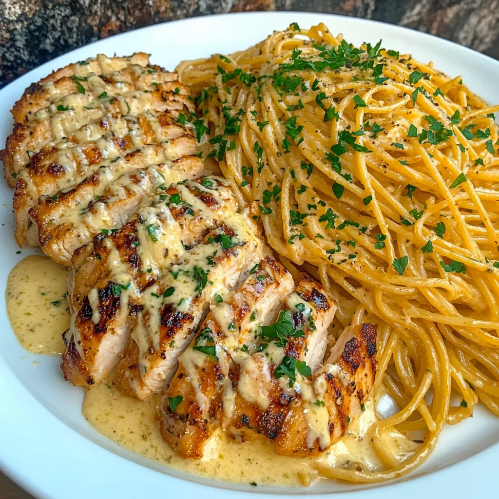 Garlic Butter Chicken Spaghetti Recipe in Parmesan Alfredo Sauce