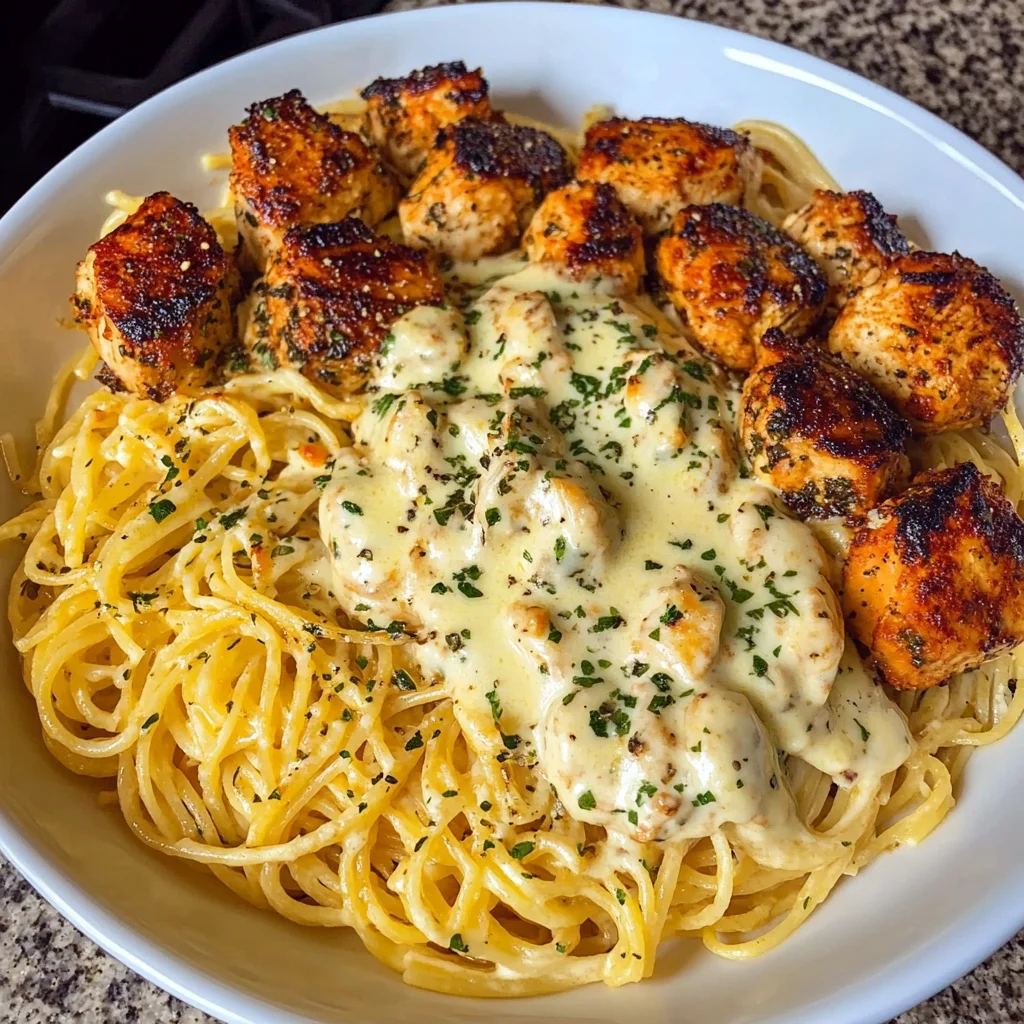 Garlic Butter Chicken Spaghetti Recipe with Cheesy Mozzarella Parmesan Sauce