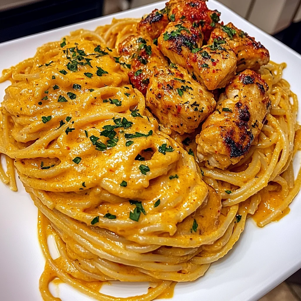 Garlic Butter Chicken Spaghetti Recipe with Creamy Roasted Red Pepper Sauce