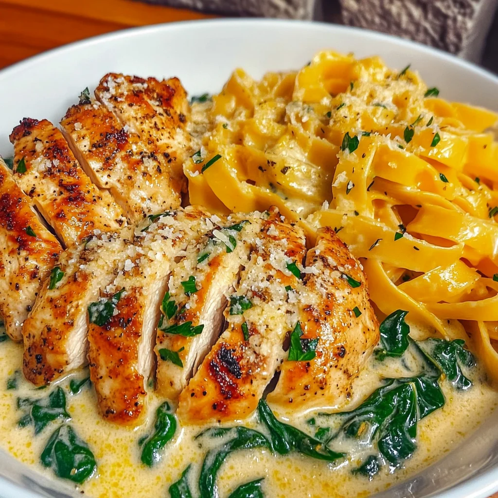 Garlic Butter Chicken with Four-Cheese Spinach Alfredo Recipe