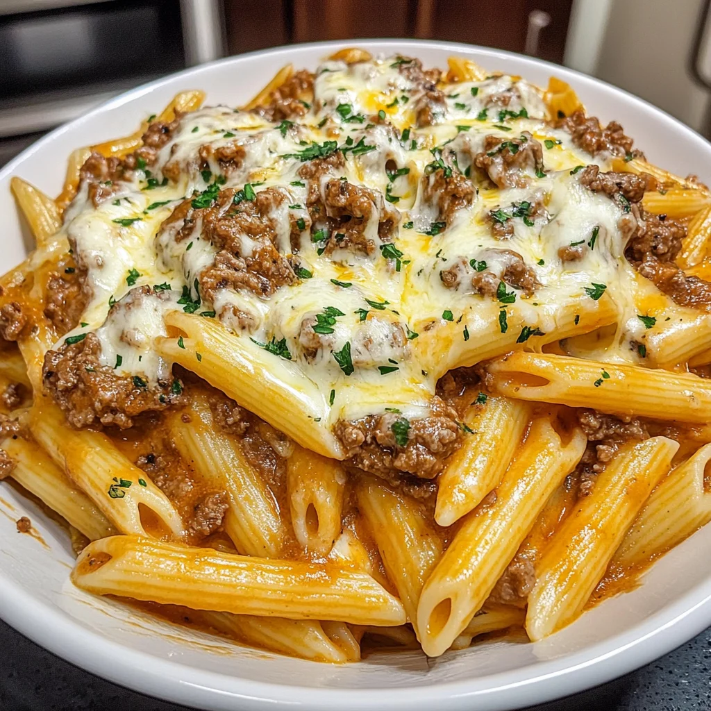 Garlic Butter Penne with Cheesy Three-Cheese Beef Sauce Recipe
