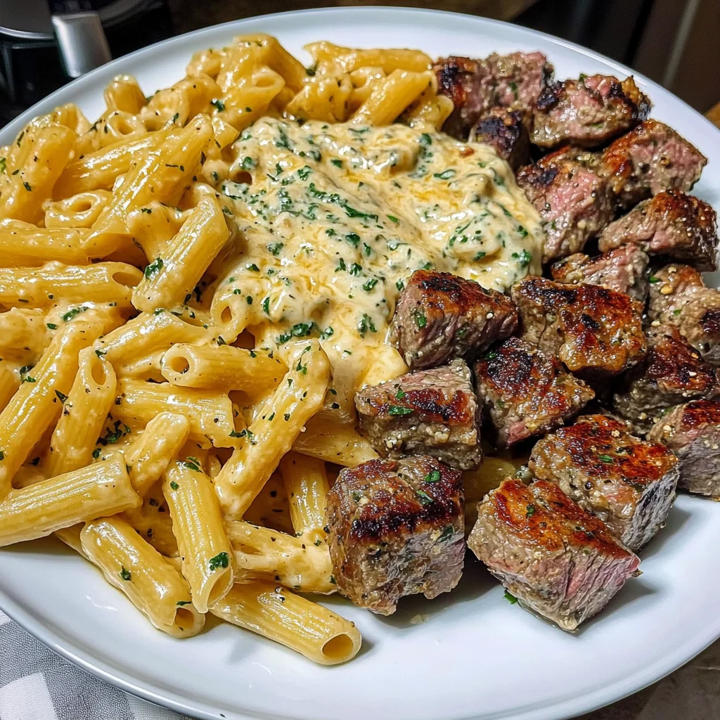 Garlic Ranch Steak Penne in Cheesy Parmesan Sauce Recipe