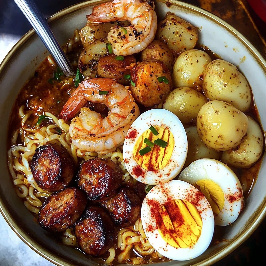 Cajun Shrimp Ramen Bowl Recipe with Sausage and Potatoes