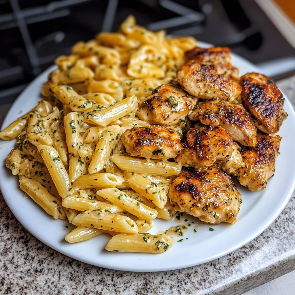 Cheddar Parmesan Garlic Butter Chicken with Creamy Penne Pasta Recipe