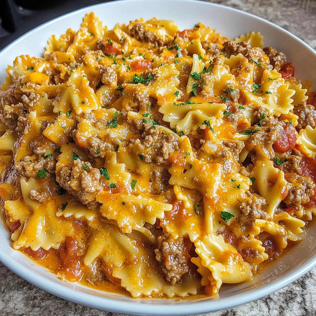 Cheeseburger Beef Bowties in Velveeta Tomato Cream Recipe