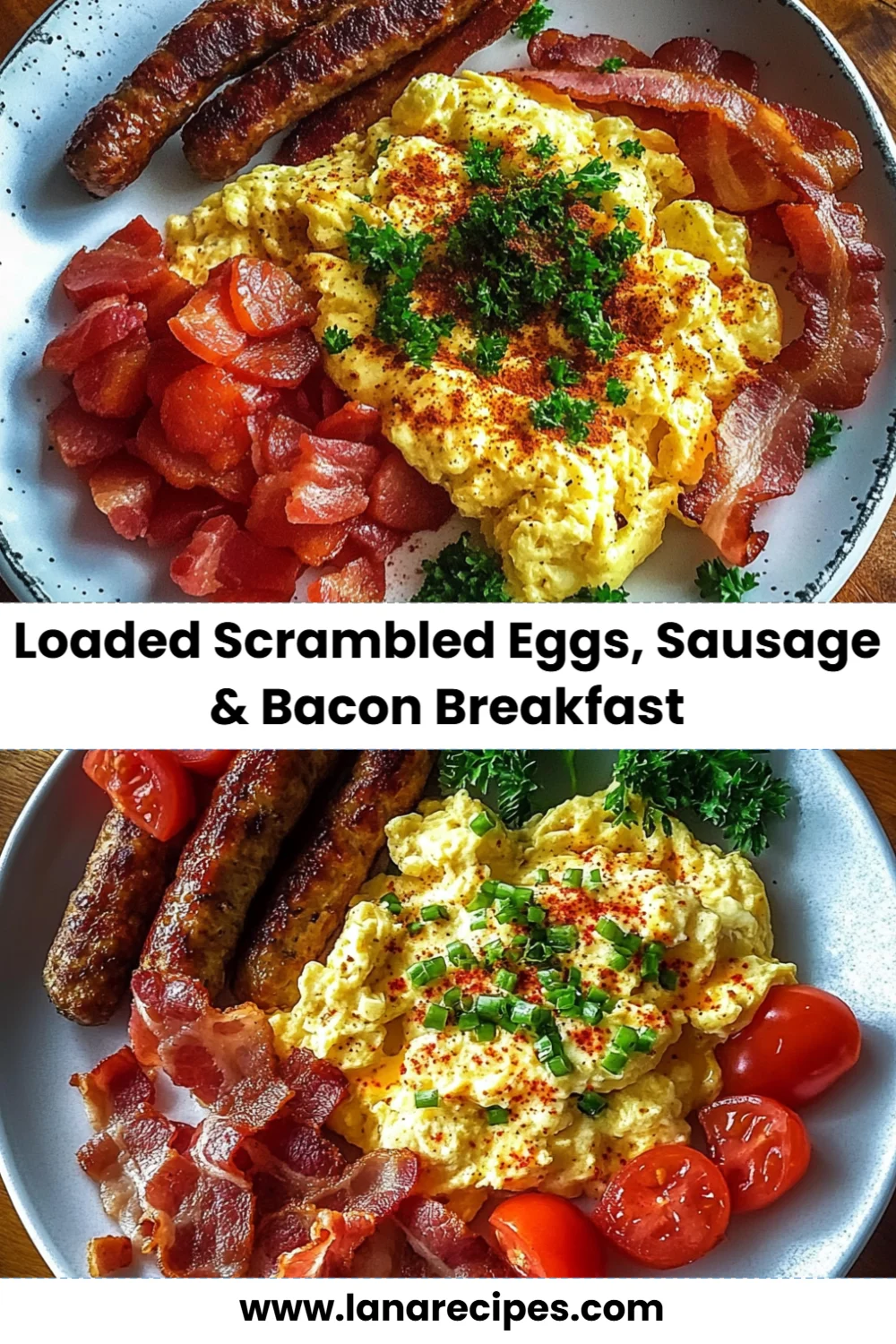 Delicious Loaded Scrambled Eggs with Sausage and Bacon for a Cozy Breakfast Delight!