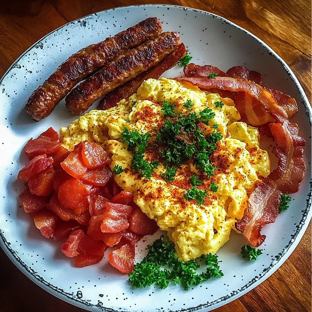 Loaded Scrambled Eggs with Sausage and Bacon Recipe